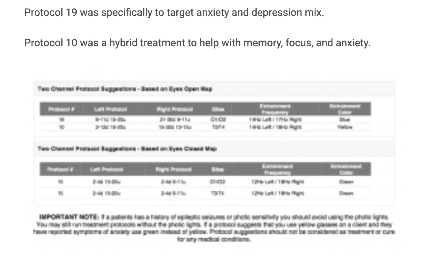 Two-channel neurofeedback protocol suggestions table — protocol number, left/right protocol, sites, entrainment frequency and color, for eyes-open and eyes-closed maps