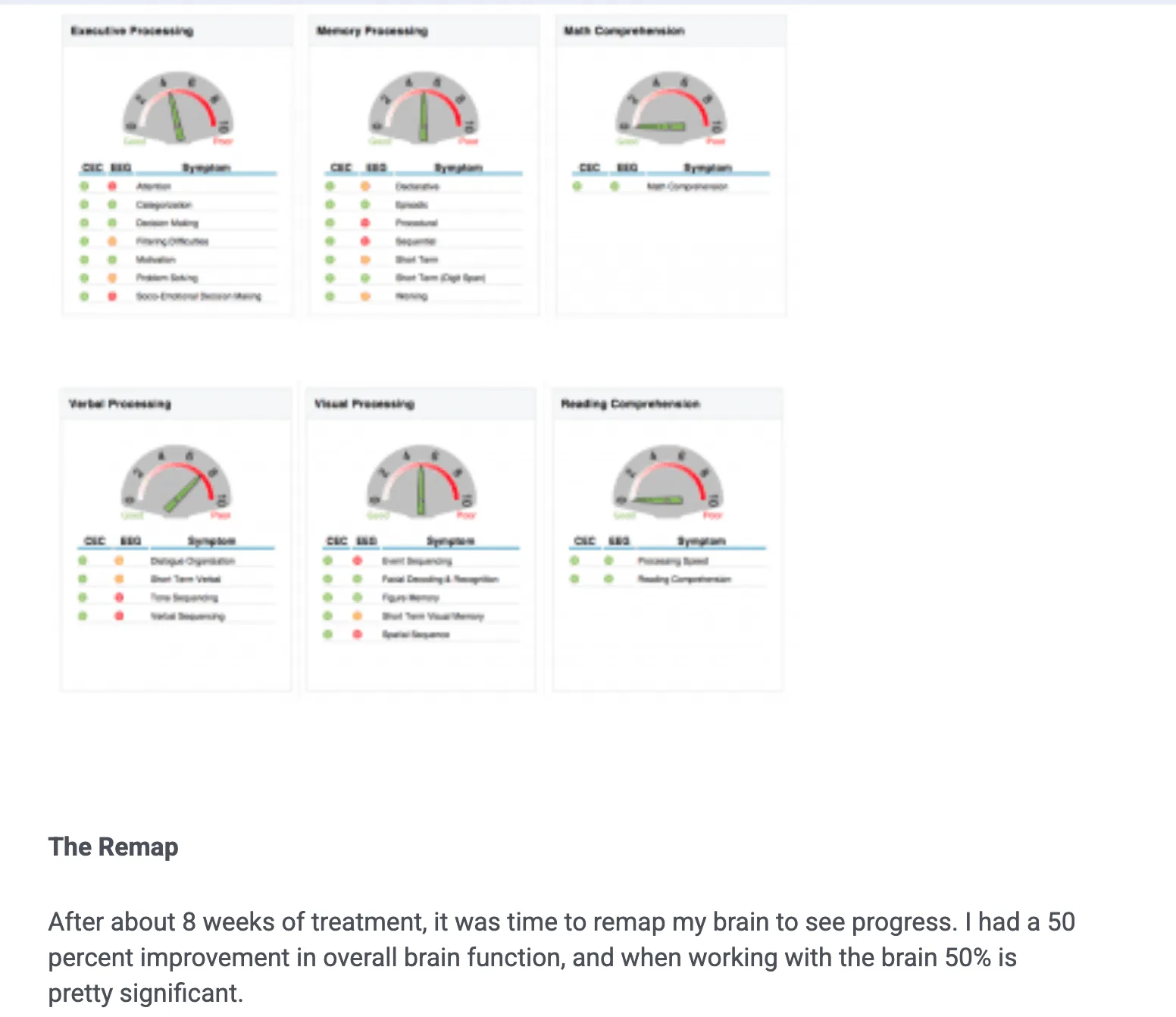 qEEG subcomponent analysis — Executive, Memory, Math, Verbal, Visual, and Reading processing gauges with symptom-level breakdowns