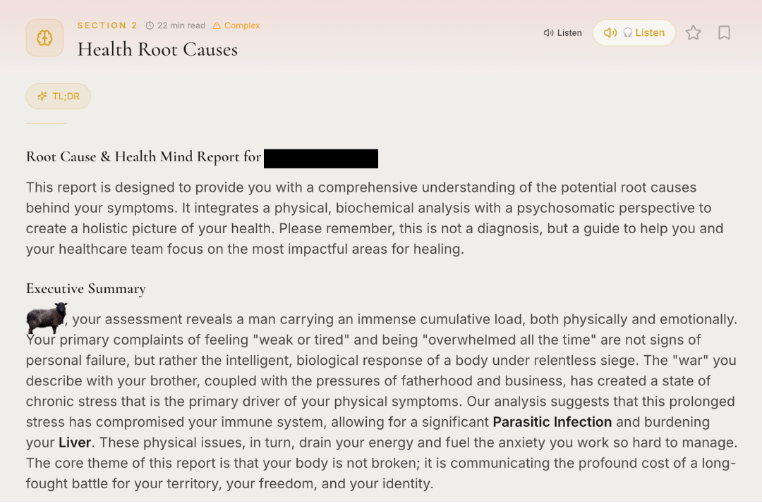 Sample Black Sheep Health Brief — Root Cause & Health Mind Report executive summary