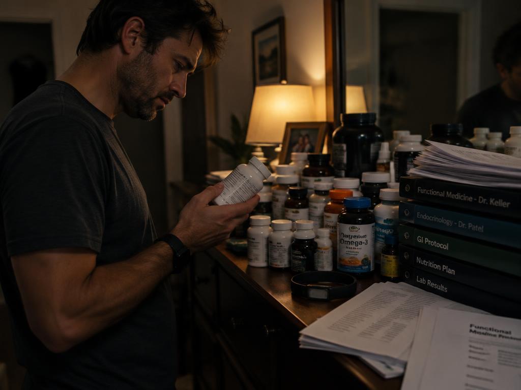 A man surrounded by supplements, looking for answers beyond another protocol