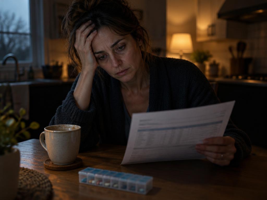 An exhausted woman reviewing her lab results at home