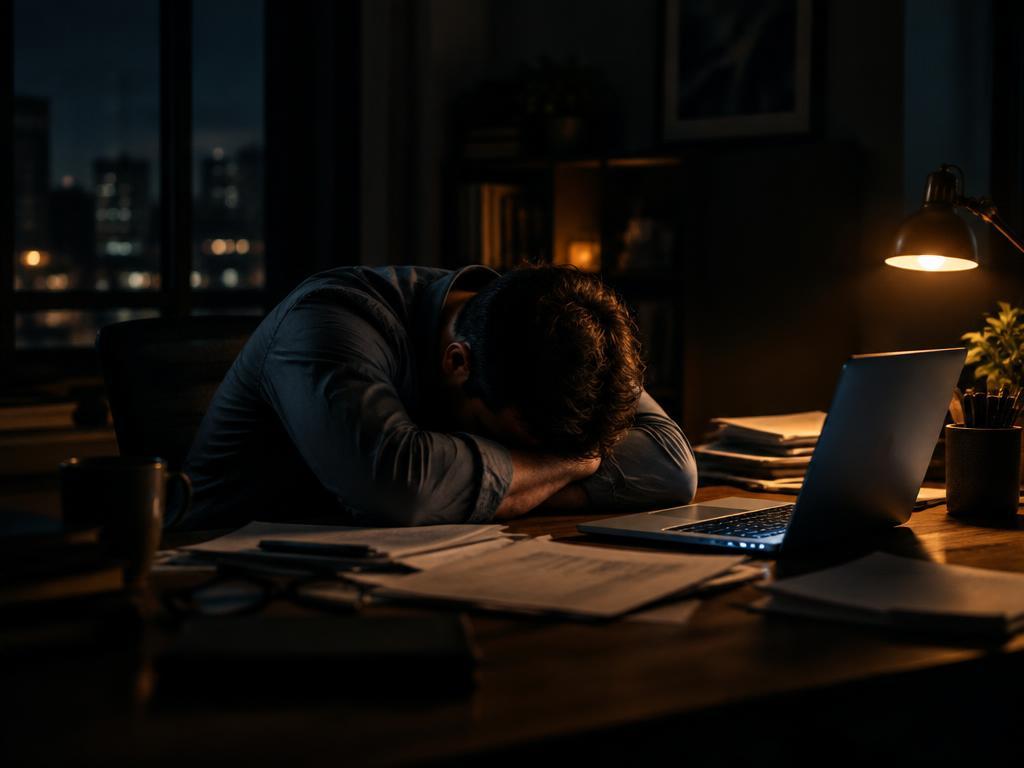 An exhausted business owner with his head down at his desk