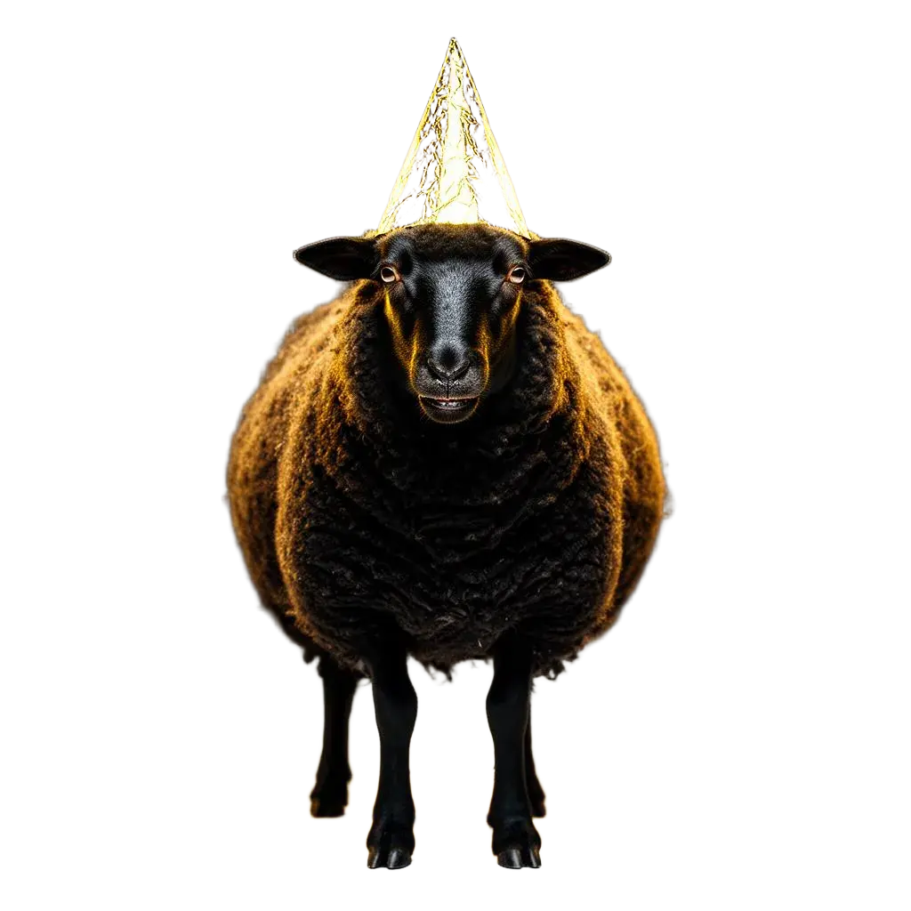 Black Sheep mascot with gold tinfoil hat