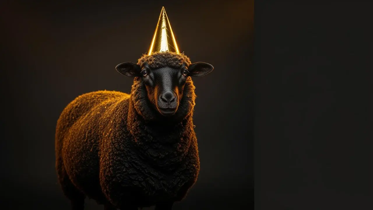 The Integrative You Black Sheep wearing its signature gold hat