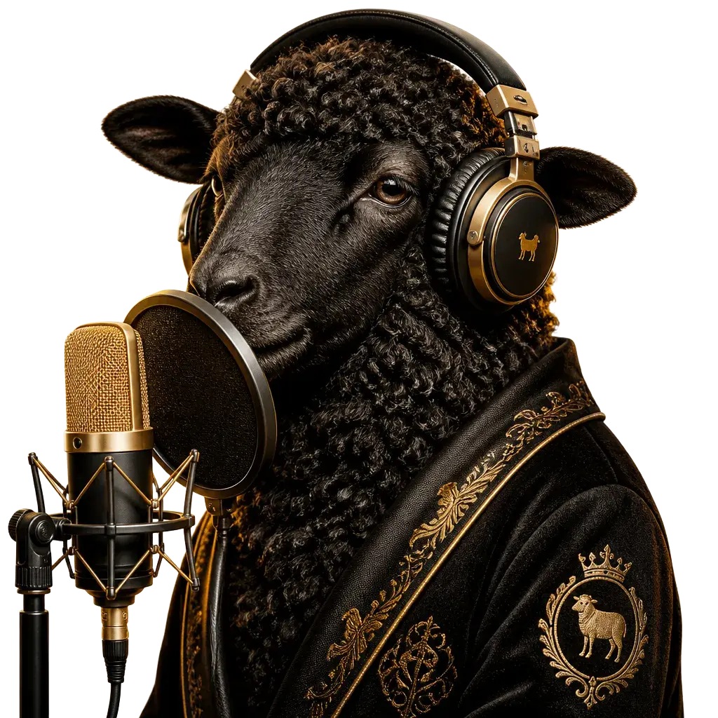 Black sheep wearing gold-accented headphones at a broadcast microphone