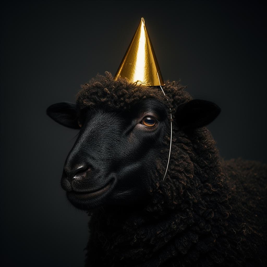 Black sheep portrait wearing a pointed gold tin foil hat