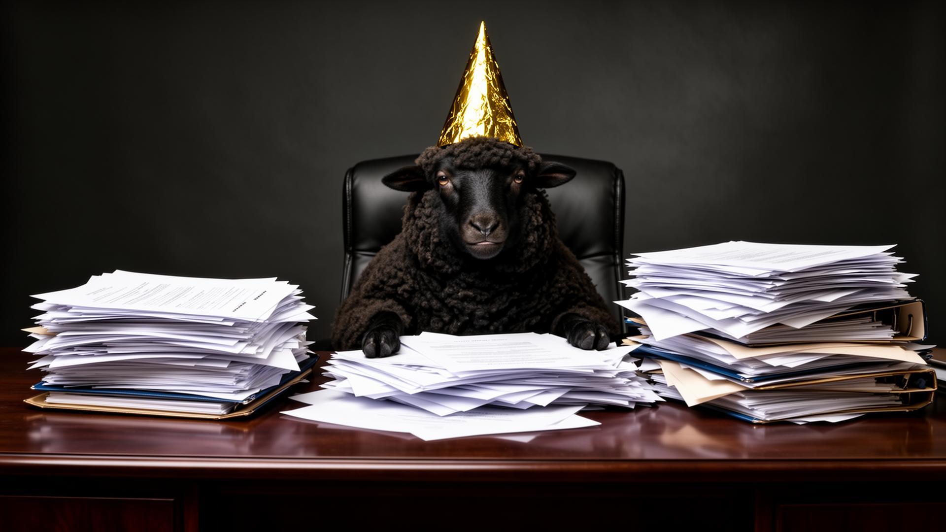 Black sheep CEO wearing a golden tin foil hat behind a desk piled with paperwork
