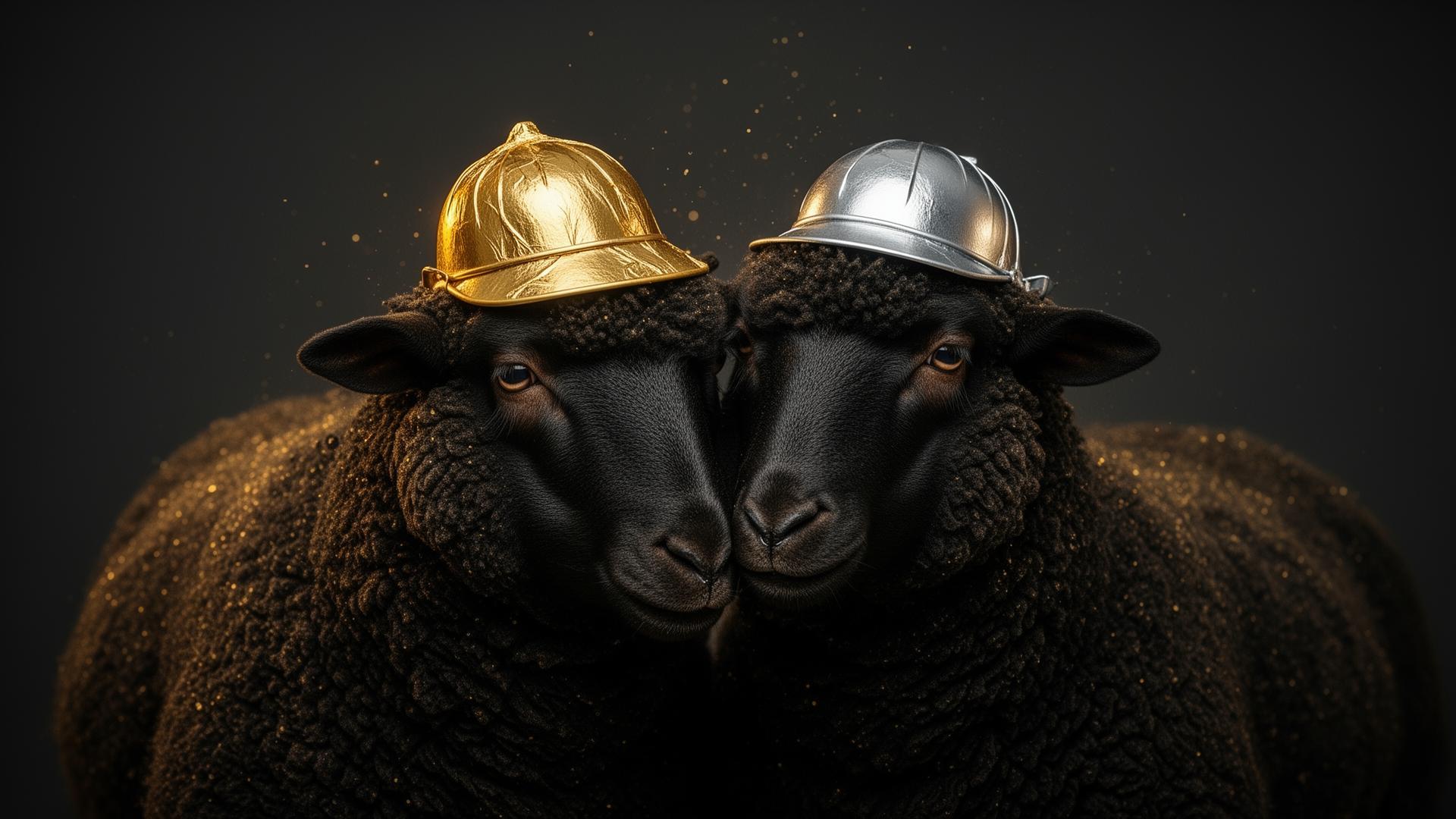 Two black sheep — one in a gold tin hat, one in silver — leaning into each other. The black sheep version of partnership.