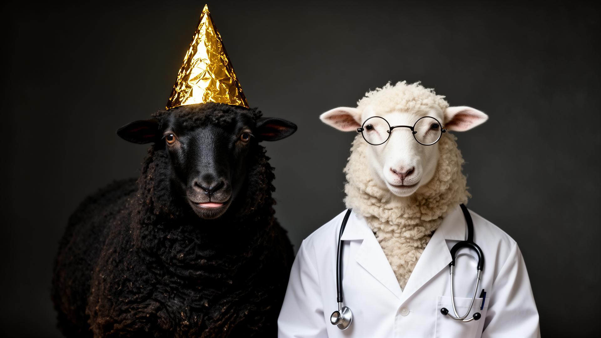 Black sheep with golden tin foil hat next to a white sheep doctor