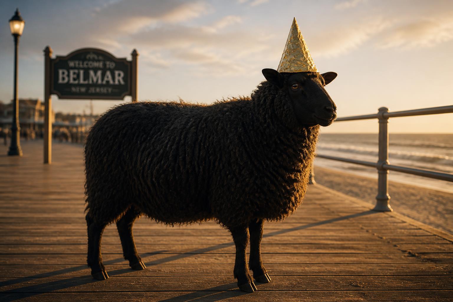 A black sheep wearing a gold tin hat on the Belmar New Jersey boardwalk at golden hour — the symbol of Integrative Wellness Group's black-sheep approach to NJ medicine