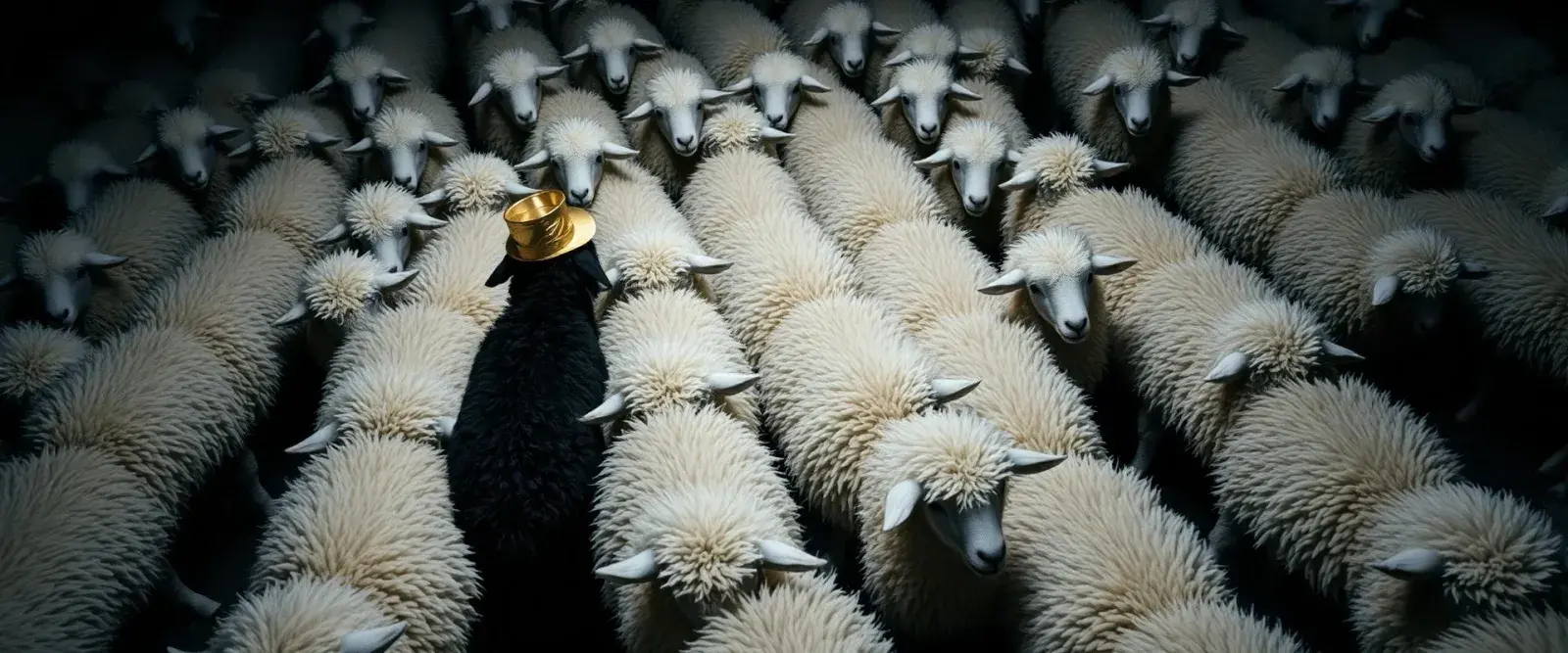 A single black sheep standing out among a flock of white sheep