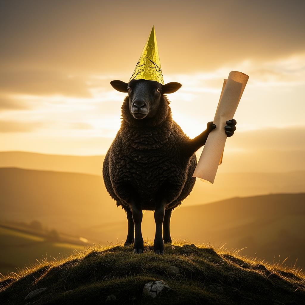 A triumphant realistic black sheep wearing a gold pointed tin hat, holding a protocol scroll