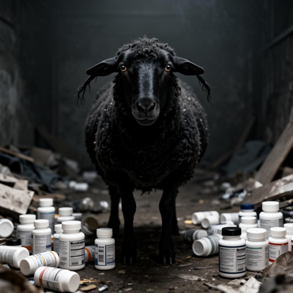 A realistic black sheep surrounded by pill bottles, looking exhausted and overwhelmed