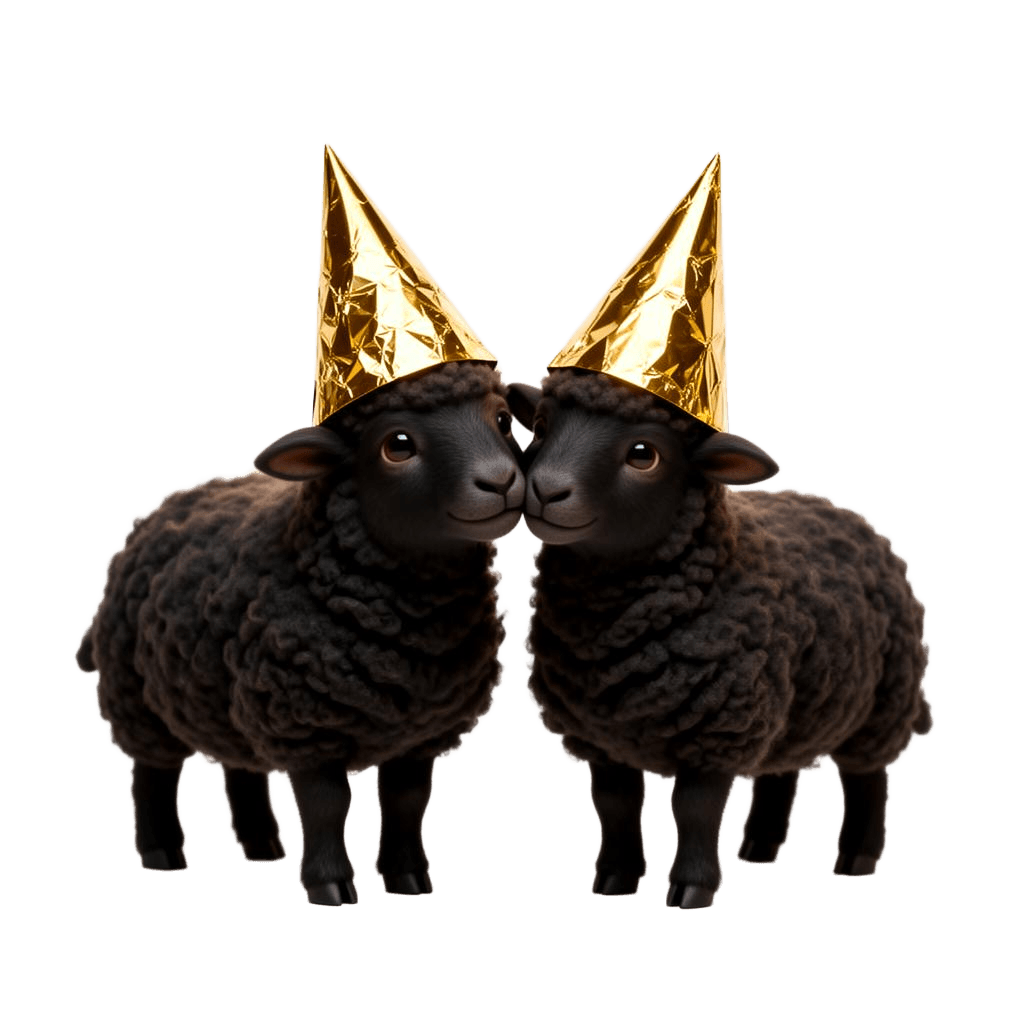 Two black sheep in gold tinfoil hats, heads touching
