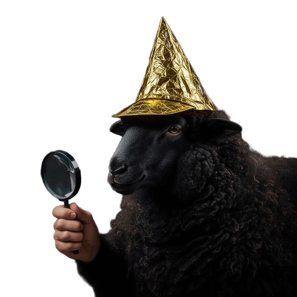 Black sheep detective with magnifying glass